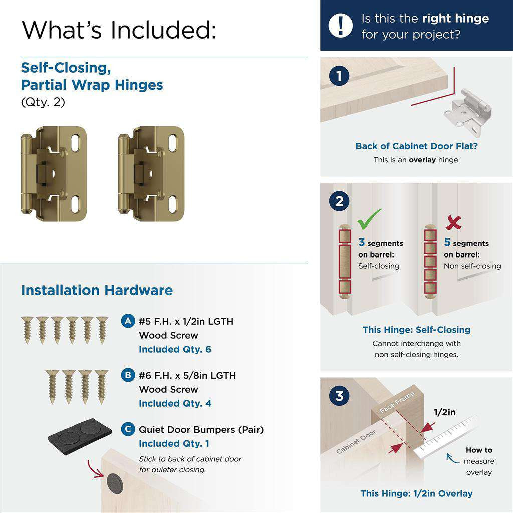 AMEROCK Self Closing Partial Wrap 1/2" Overlay Cabinet Hinge (pair) in Golden Champagne BPR7550BBZ What's Included