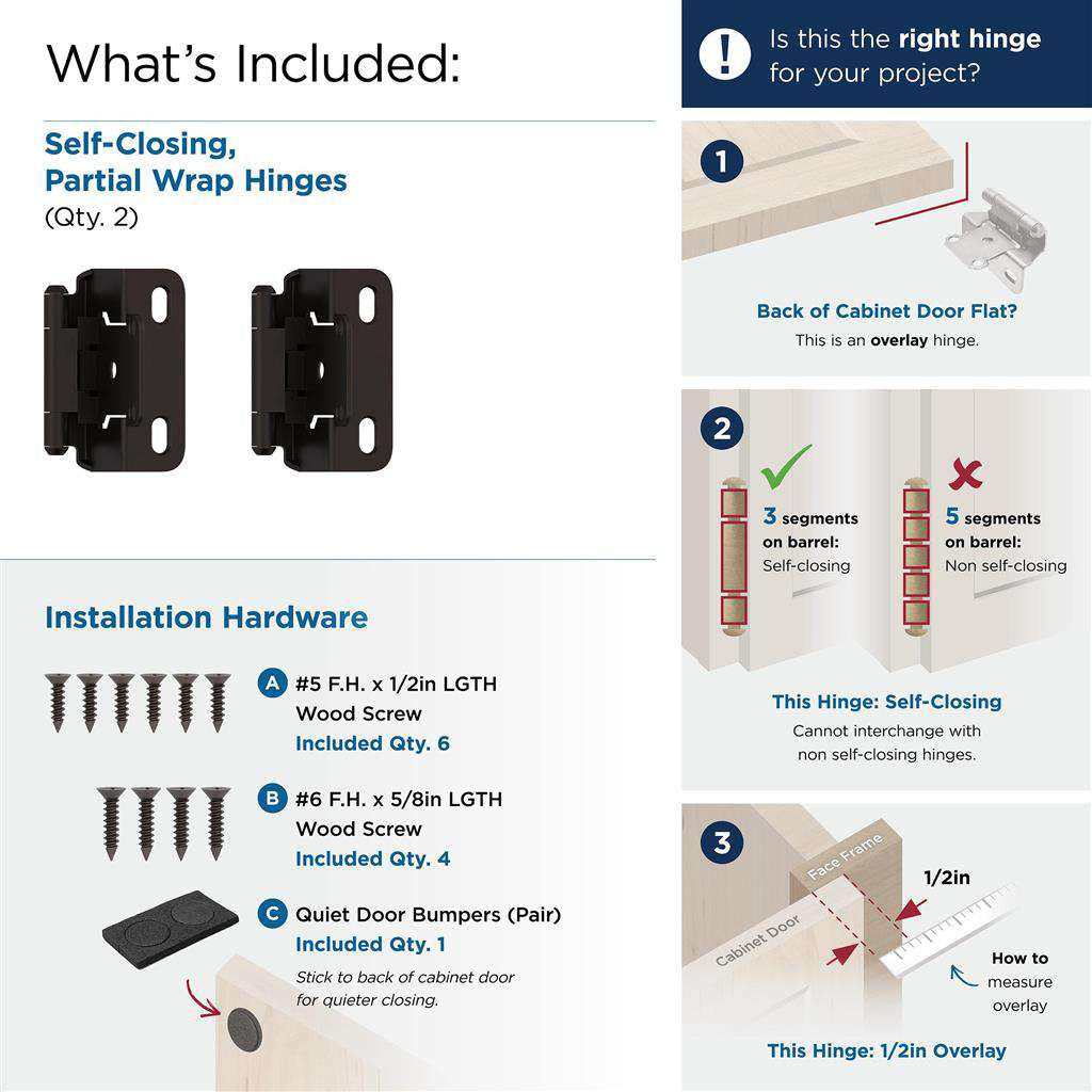 AMEROCK Self Closing Partial Wrap 1/2" Overlay Cabinet Hinge (pair) in Oil Rubbed Bronze BPR7550ORB What's Included