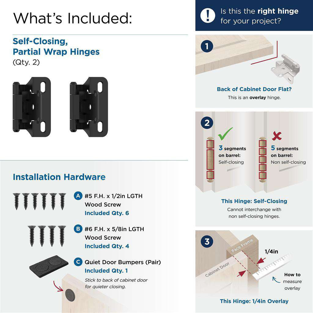 AMEROCK Self Closing Partial Wrap 1/4" Overlay Cabinet Hinge (pair) in Flat Black BPR7566FB What's Included