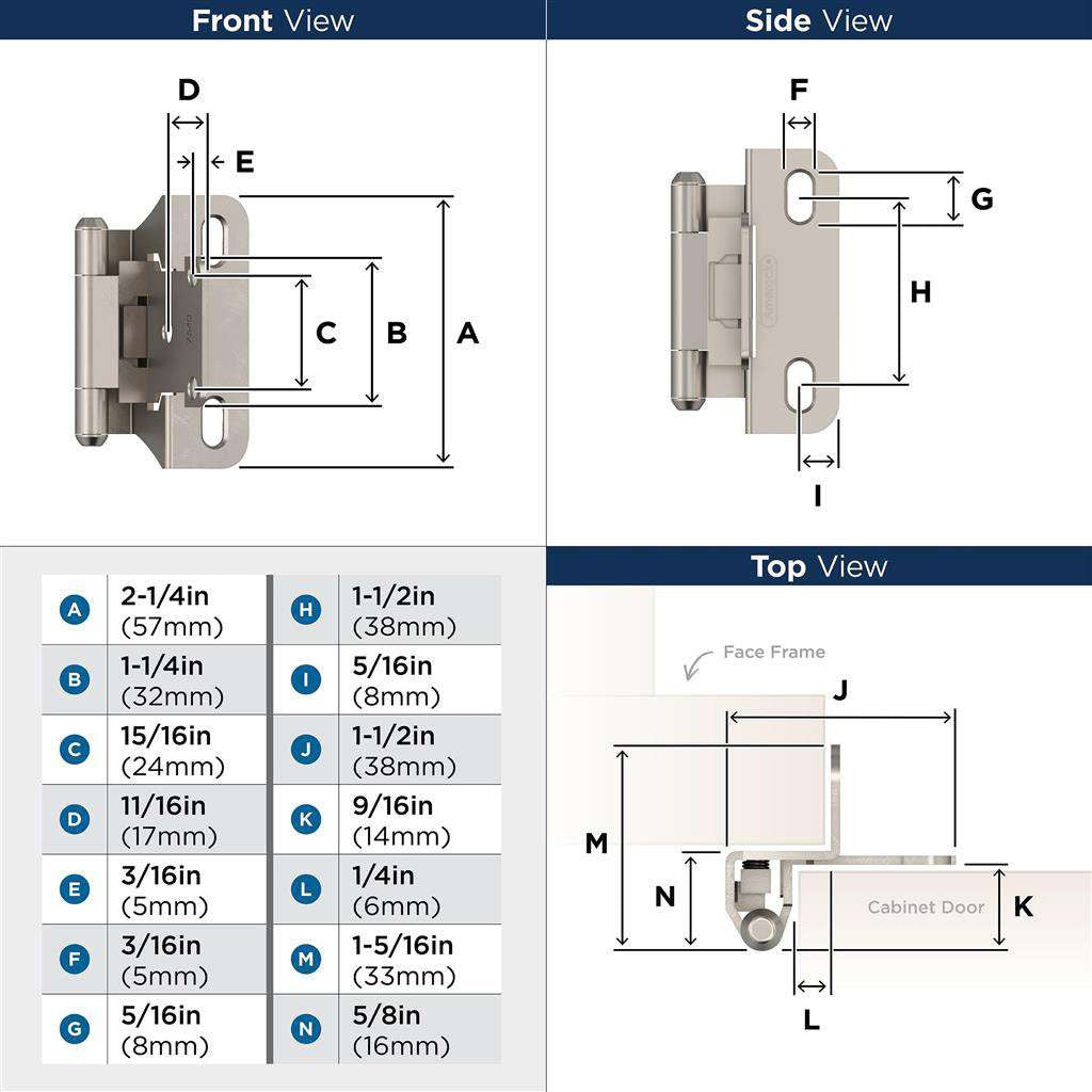 AMEROCK Self Closing Partial Wrap 1/4" Overlay Cabinet Hinge (pair) in Satin Nickel BPR7566G10 Specs