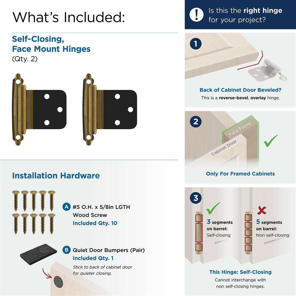 AMEROCK Self Closing Reverse Bevel Variable Overlay Cabinet Hinge (pair) in Antique Brass BPR7630AE What's Included
