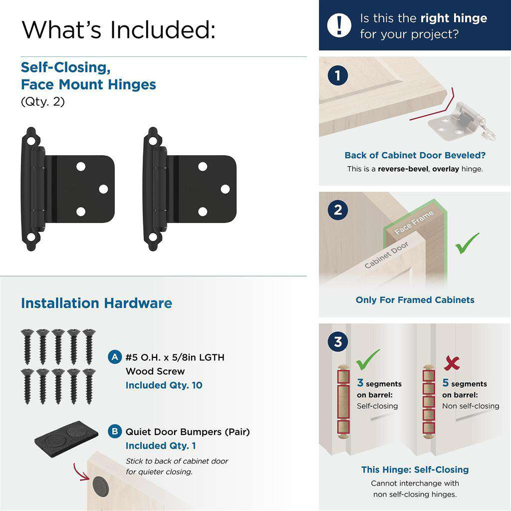 AMEROCK Self Closing Reverse Bevel Variable Overlay Cabinet Hinge (pair) in Flat Black BPR7630FB What's Included