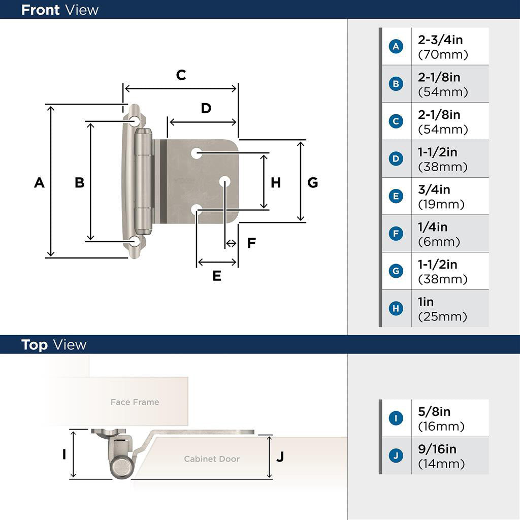 AMEROCK Self Closing Reverse Bevel Variable Overlay Cabinet Hinge (pair) in Satin Nickel BPR7630G10 Specs