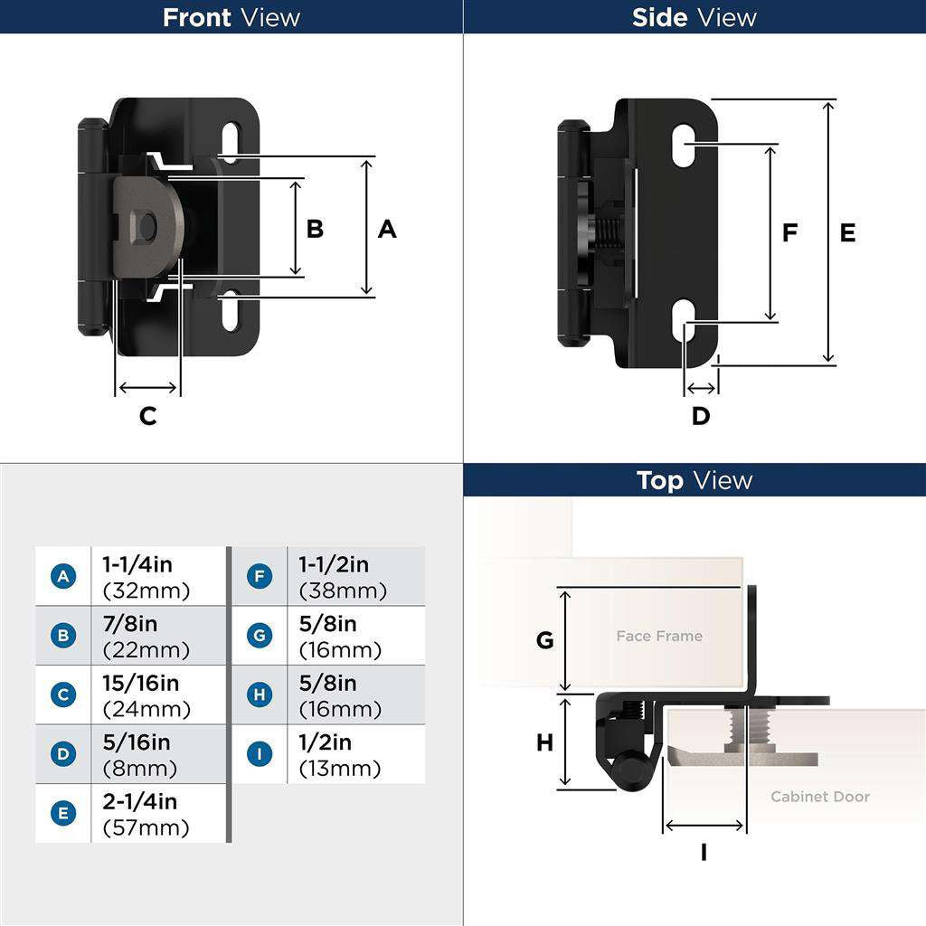 AMEROCK Single Demountable 1/2" Overlay Cabinet Hinge (pair) in Flat Black BPR8719FB Specs
