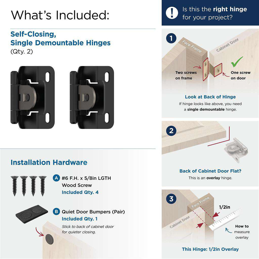 AMEROCK Single Demountable 1/2" Overlay Cabinet Hinge (pair) in Flat Black BPR8719FB What's Included