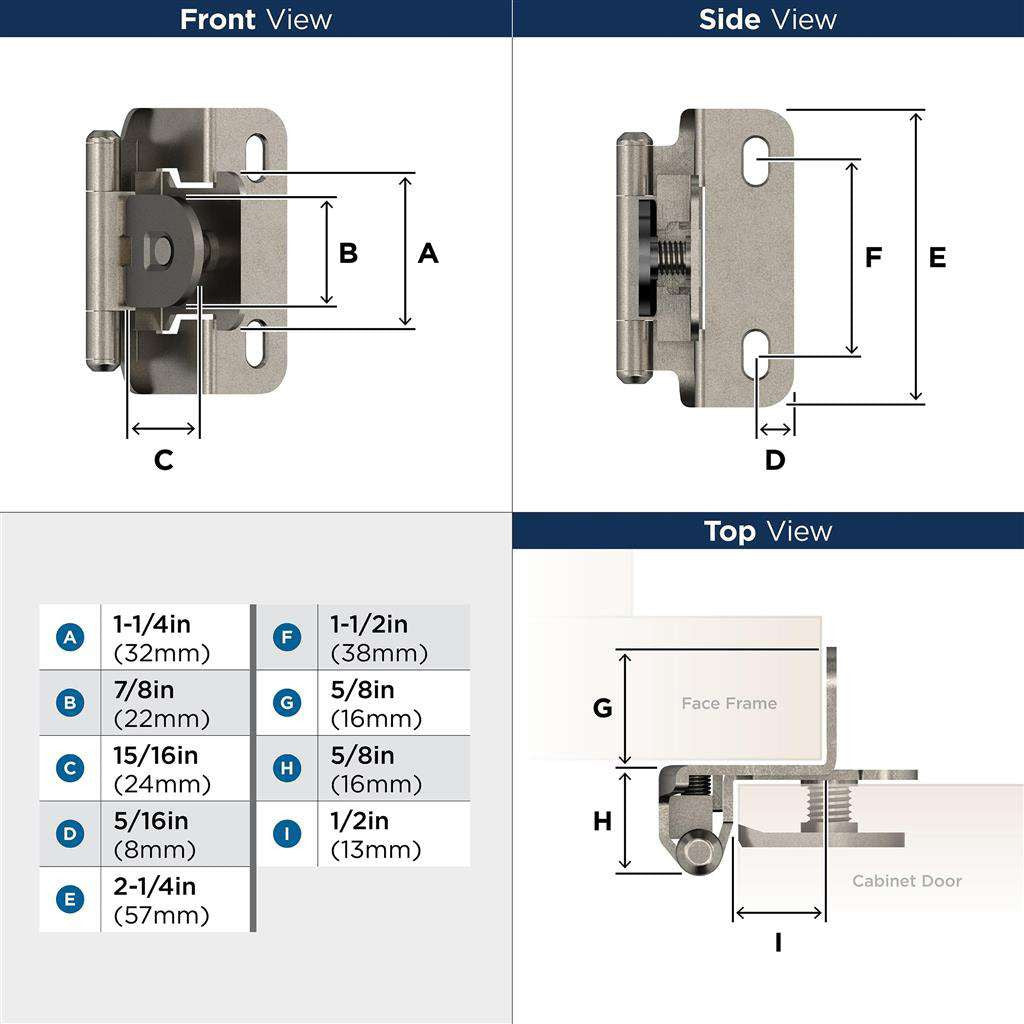 AMEROCK Single Demountable 1/2" Overlay Cabinet Hinge (pair) in Nickel BPR871914 Specs