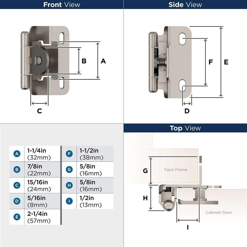 AMEROCK Single Demountable 1/2" Overlay Cabinet Hinge (pair) in Satin Nickel BPR8719FB Specs