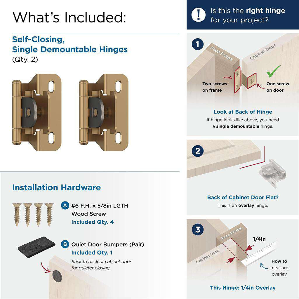 AMEROCK Single Demountable 1/4" Overlay Cabinet Hinge (pair) in Champagne Bronze BPR8715CZ What's Included