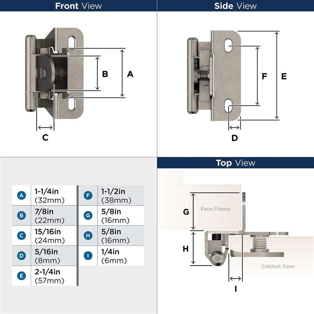 AMEROCK Single Demountable 1/4" Overlay Cabinet Hinge (pair) in Nickel BPR871514 Specs