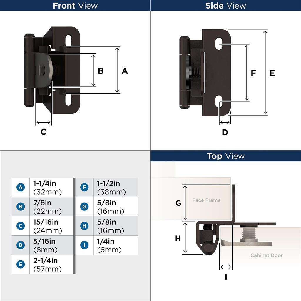 AMEROCK Single Demountable 1/4" Overlay Cabinet Hinge (pair) in Oil Rubbed Bronze BPR8715ORB Specs