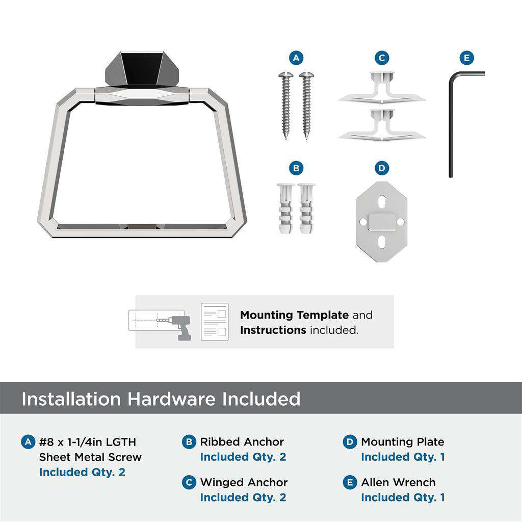AMEROCK St. Vincent 6-3/4" Long Hanging Towel Ring in Polished Chrome BH3604226 Installation Hardware