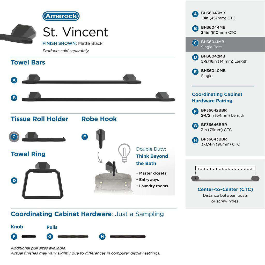 AMEROCK St. Vincent Single Post Toilet Paper Holder in Matte Black BH36041MB Collection