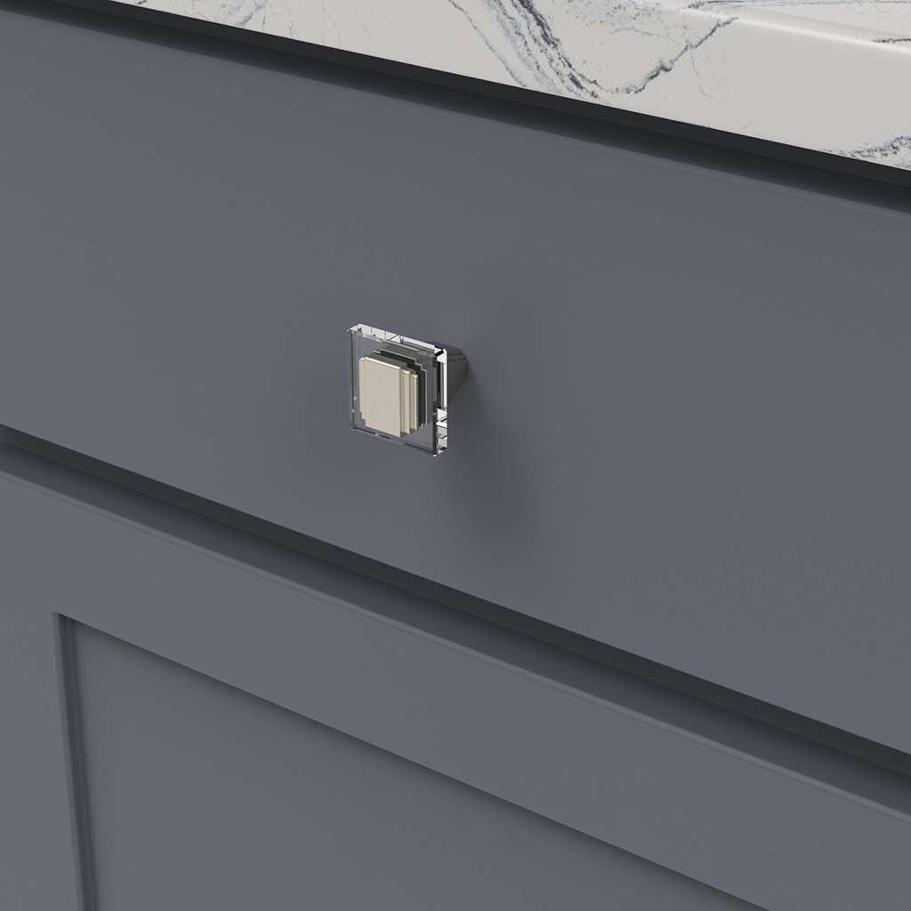 BELWITH KEELER Belleclaire 1-1/4" Length Square Cabinet Knob in Satin Nickel and Clear B077497-SN Mounted