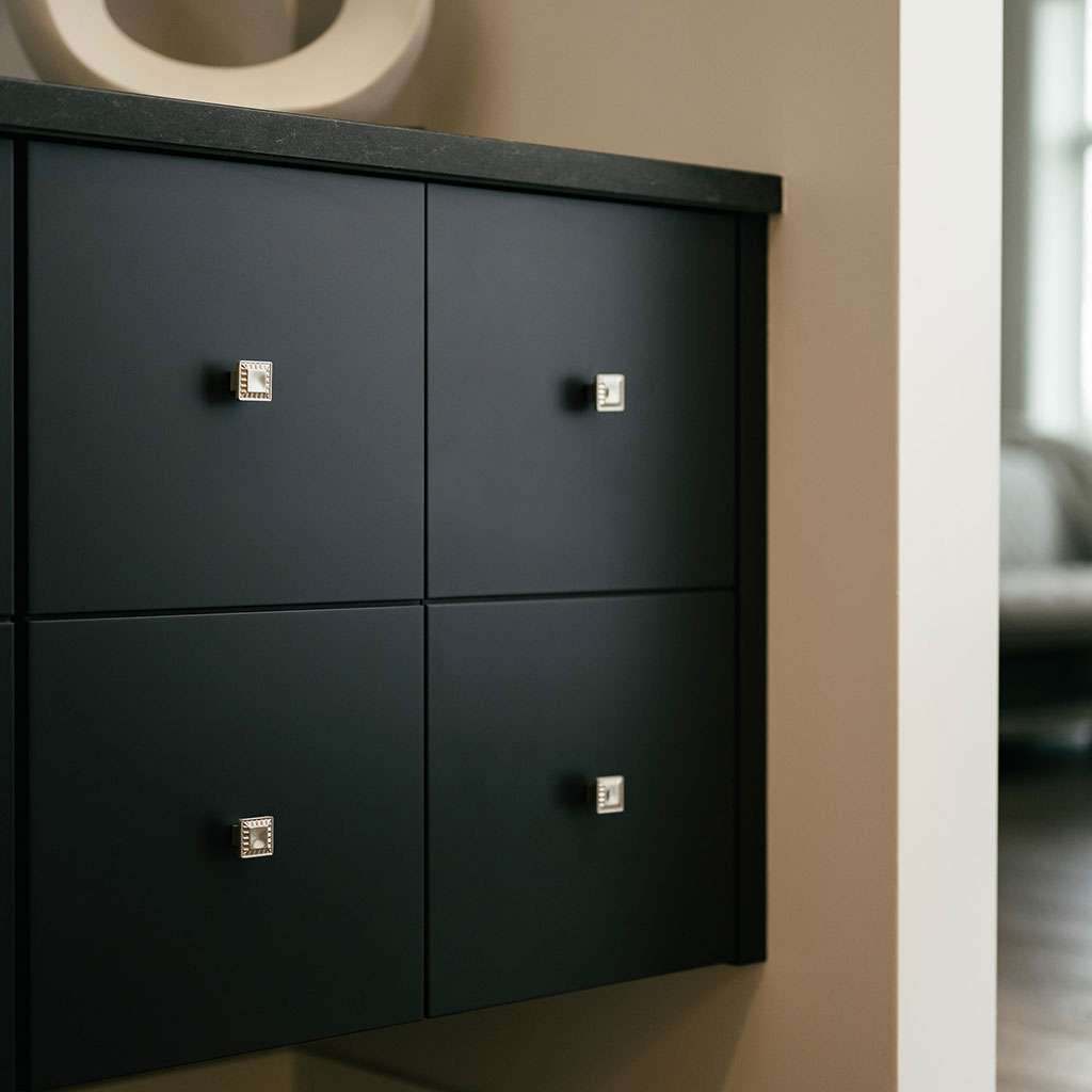 Belwith Keeler Bijou Astoria 1" Long Square Cabinet Knob in Satin Nickel B056407-MB on Black