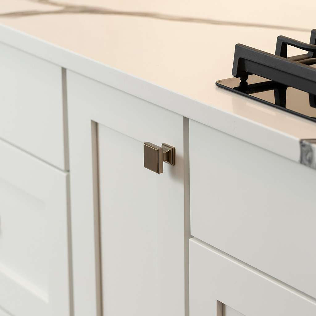 Belwith Keeler Brownstone Square Cabinet Knob in Champagne Bronze 1-1/4" B077460-CBZ on Cupboard