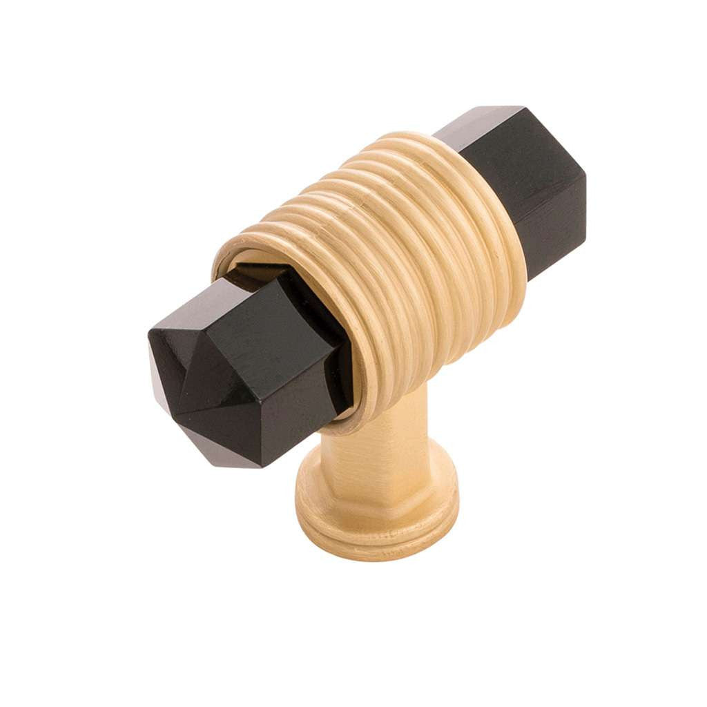 BELWITH KEELER Chrysalis 1-7/8" Long Black Glass T-Knob in Brushed Golden Brass B076303GB-BGB