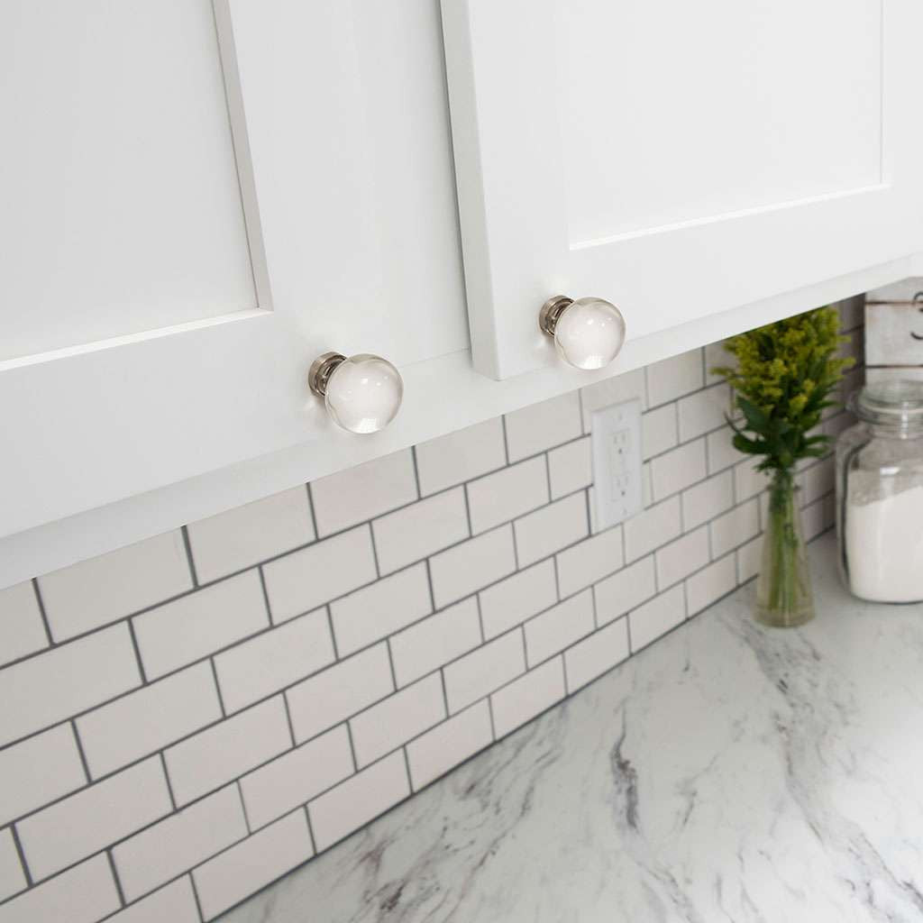 HICKORY Crystal Palace 1-3/8" Diameter Glass Ball Cabinet Knob in Clear and Satin Nickel HH075853-GLSN on White