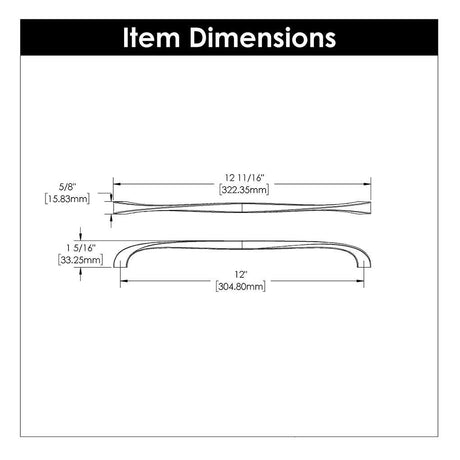 Technical Drawing of a Satin Nickel 12" Hole Centers Cabinet Handle Pull from Hickory Hardware's Twist Collection H076021-SN