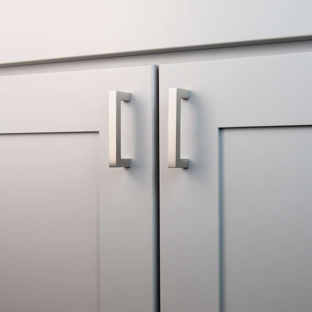 HICKORY Heritage Designs Square Handle Cabinet Pull in Satin Nickel 3" R077746SN on Cabinet