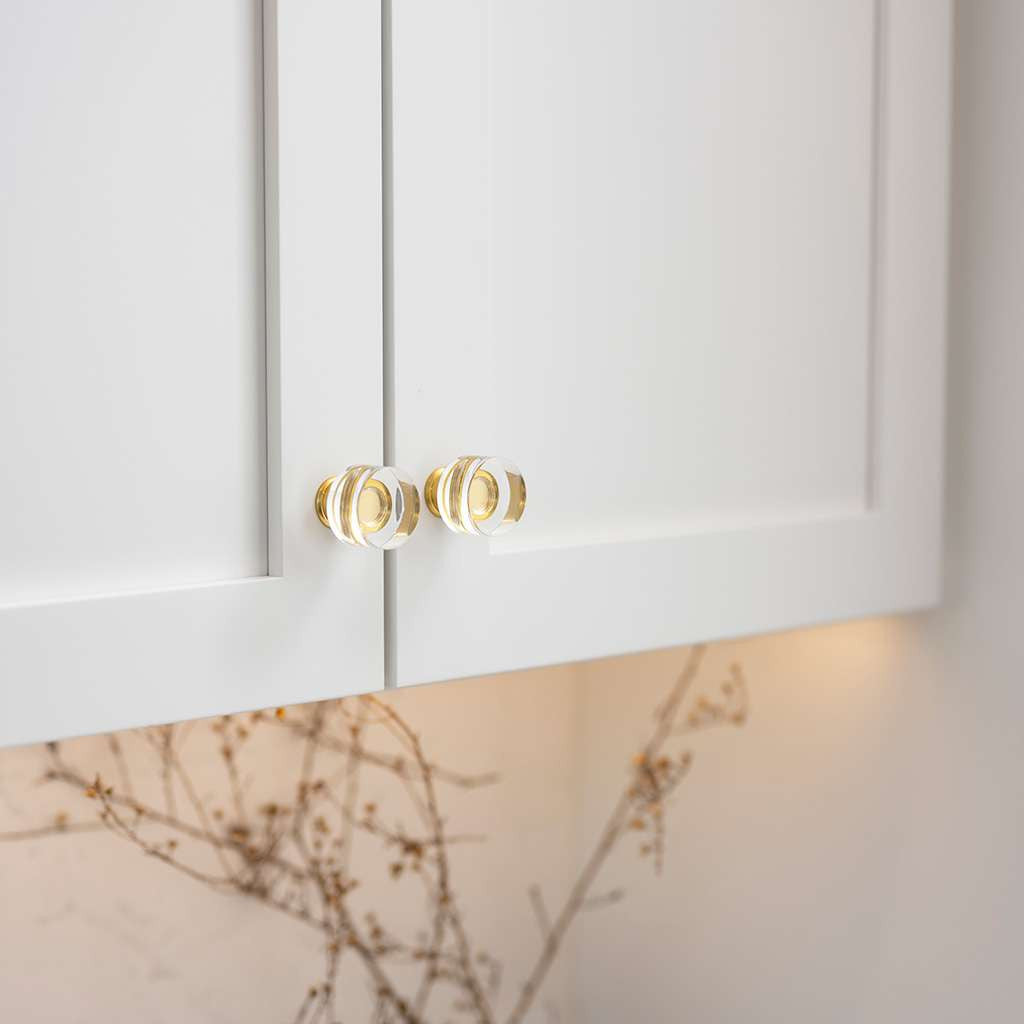 HICKORY Midway Round Cabinet Knob in Brushed Golden Brass and Clear 1" P3708-CABGB Display