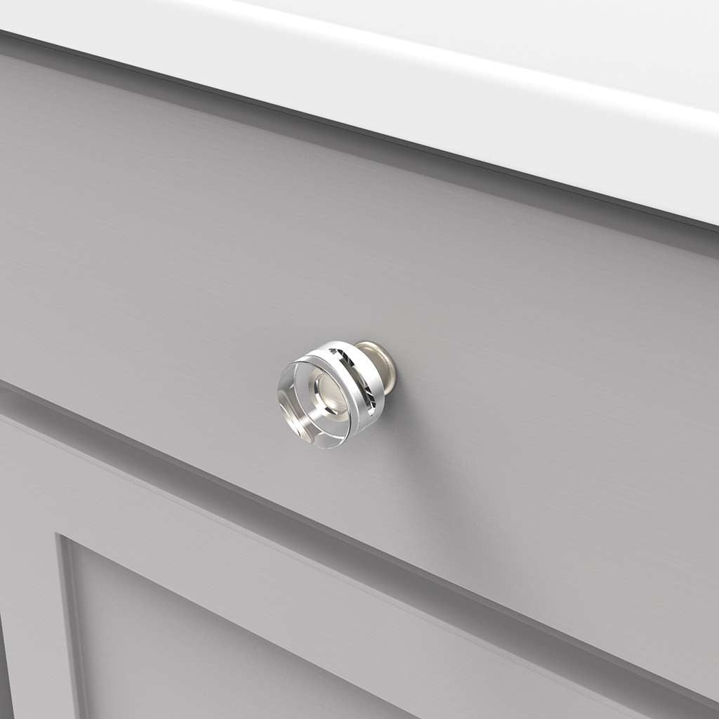 HICKORY Midway Round Cabinet Knob in Satin Nickel and Clear 1-1/4" P3709-CASN Mounted