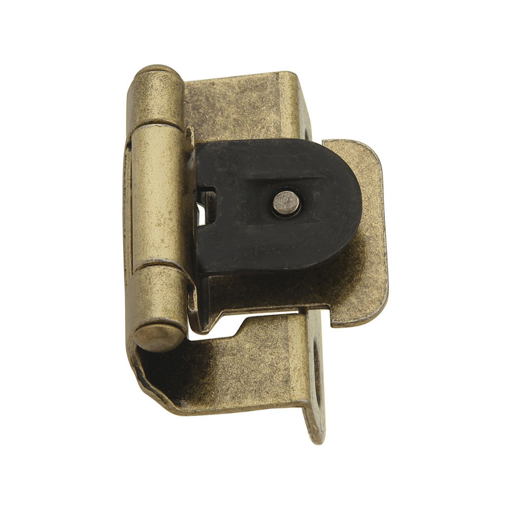 HICKORY Single Demountable 1/2" Overlay Partial Wrap Cabinet Hinge (pair) in Antique Brass P5312-AB on White Background
