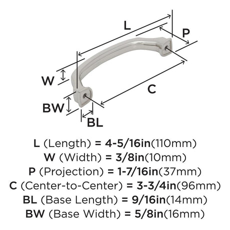 1264-B AMEROCK Revitalize 3-3/4" Center to Center Handle Cabinet Pull - Polished Nickel BP55344PN Specs