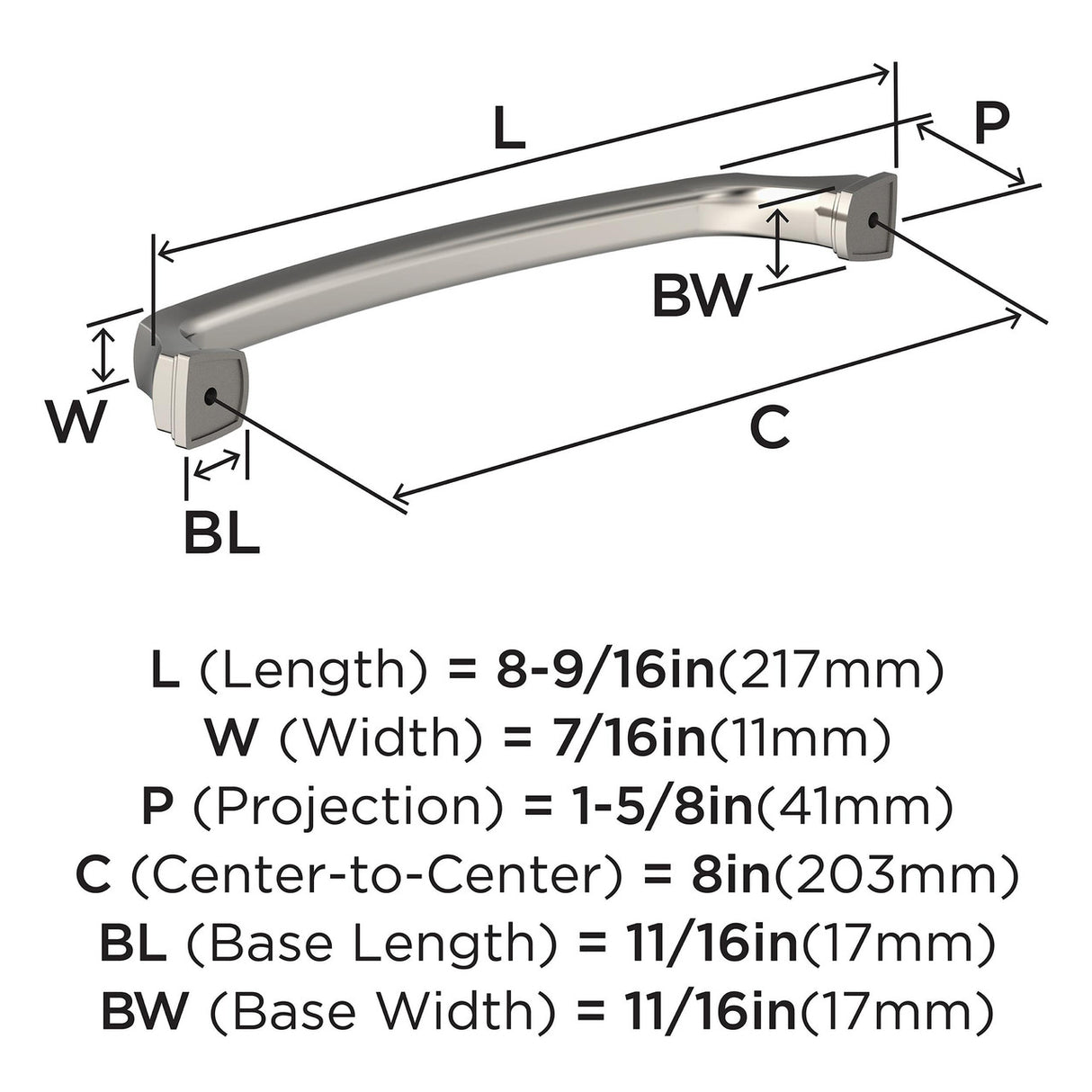 1264-E AMEROCK Revitalize 8" Center to Center Handle Cabinet Pull - Polished Nickel BP55351PN Specs