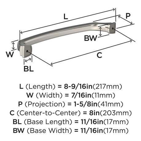 1264-E AMEROCK Revitalize 8" Center to Center Handle Cabinet Pull - Polished Nickel BP55351PN Specs