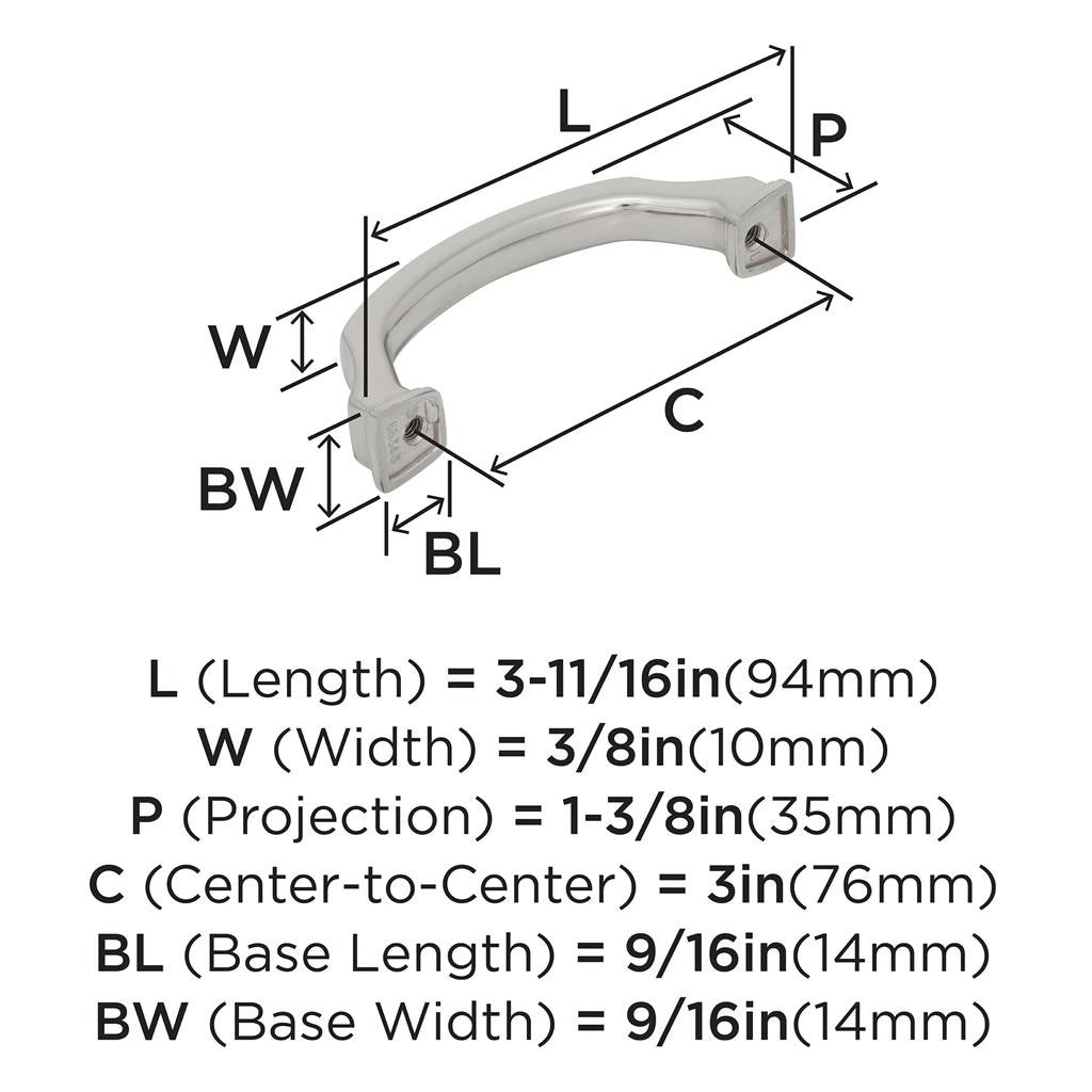 1264 AMEROCK Revitalize 3" Center to Center Handle Cabinet Pull - Polished Nickel BP55343PN Specs