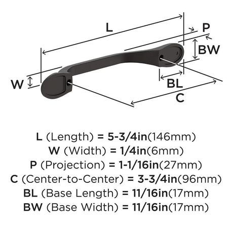 AMEROCK Ravino 96mm Center to Center Handle Cabinet Pull - Oil Rubbed Bronze BP21936ORB Specs