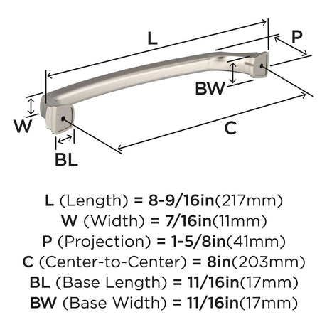 323-E AMEROCK Revitalize 8" Center to Center Handle Cabinet Pull - Satin Nickel  BP55351G10 Specs