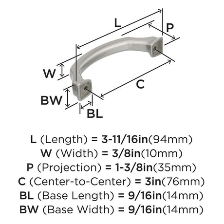 323 AMEROCK Revitalize 3" Center to Center Handle Cabinet Pull - Satin Nickel  BP55343G10 Specs