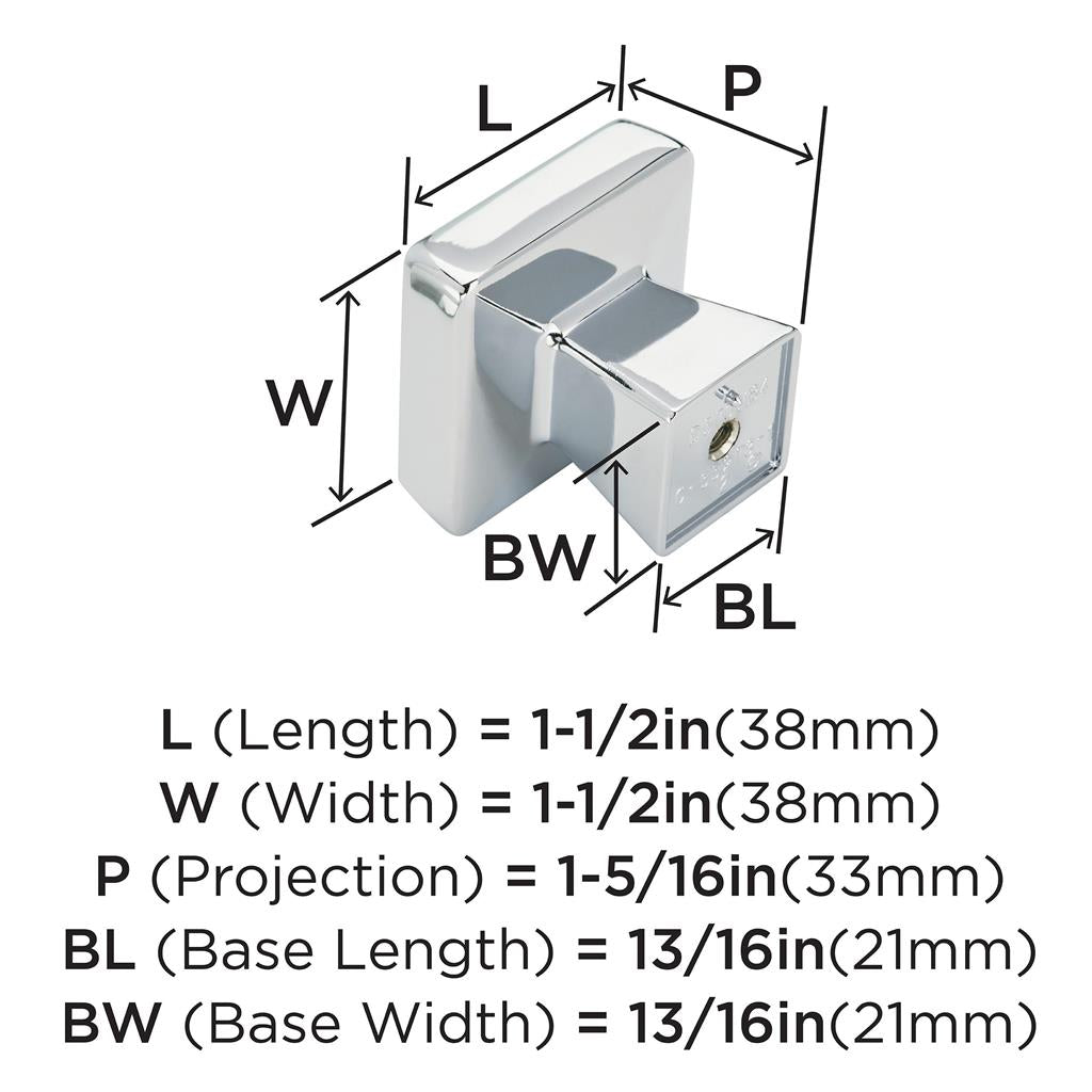 AMEROCK Blackrock Square Cabinet Knob in Polished Chrome (+2 Sizes)