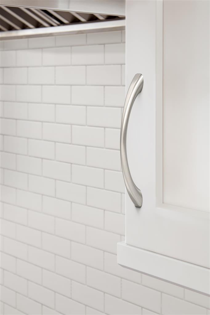 653-C AMEROCK Vaile 5-1/16" Center to Center Handle Cabinet Pull - Satin Nickel BP37231G10 on White Cabinet