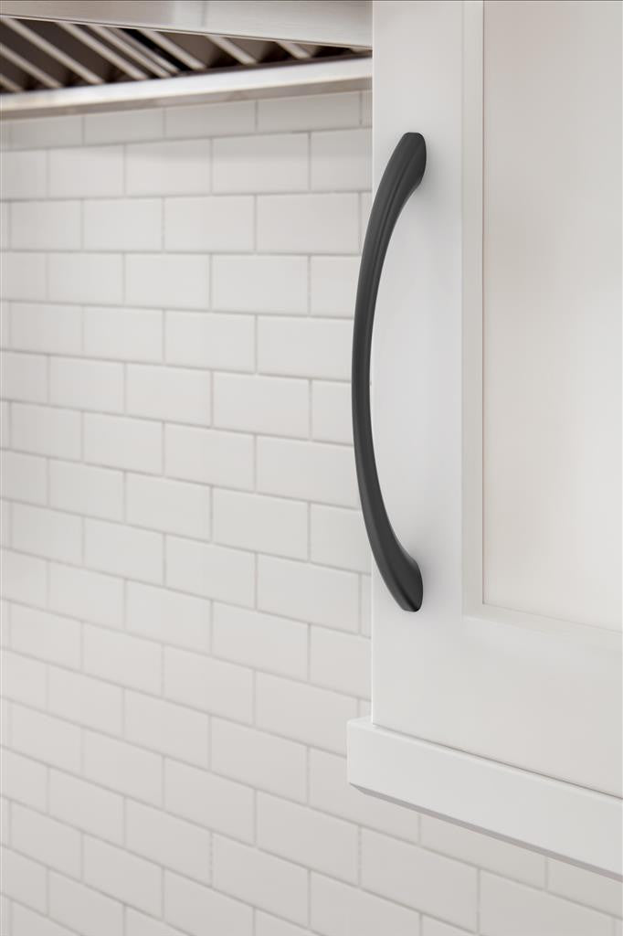 653-D AMEROCK Vaile 6-5/16" Center to Center Handle Cabinet Pull - Matte Black BP37232FB on White Cabinet