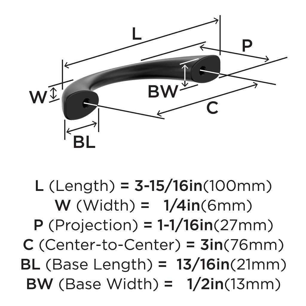 653 AMEROCK Vaile 3" Center to Center Handle Cabinet Pull - Matte Black BP37230FB Specs
