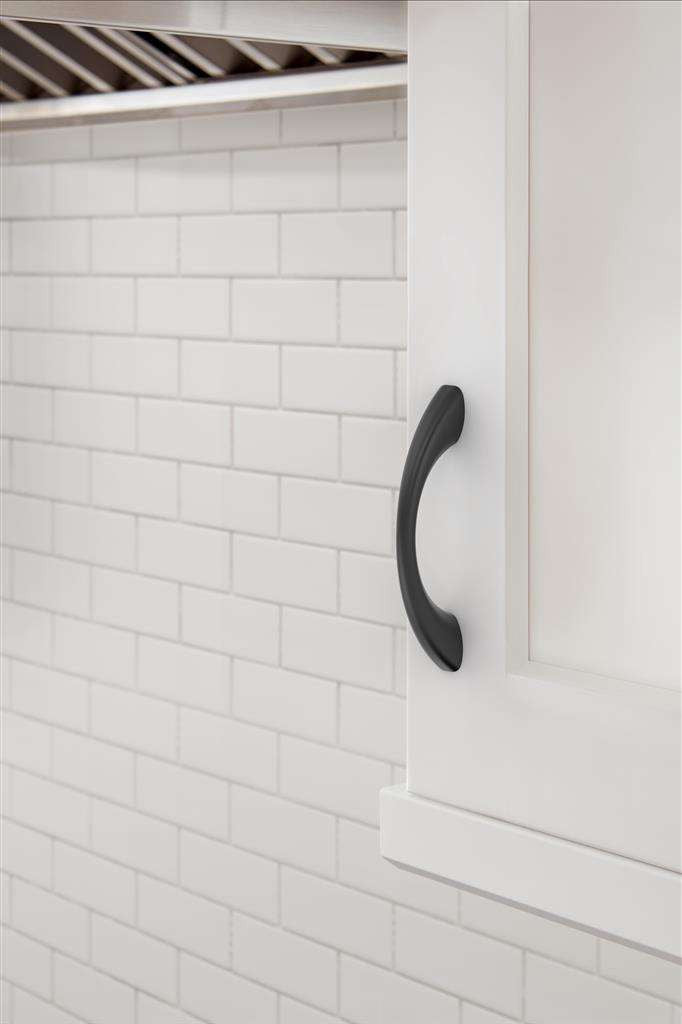 653 AMEROCK Vaile 3" Center to Center Handle Cabinet Pull - Matte Black BP37230FB On white Cabinet