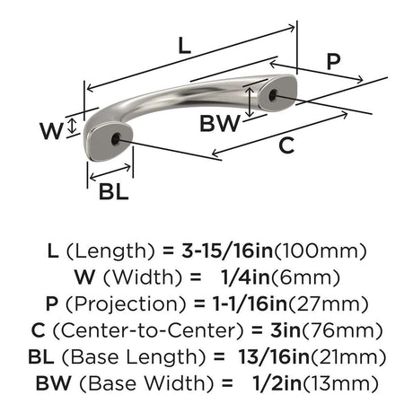653 AMEROCK Vaile 3" Center to Center Handle Cabinet Pull - Satin Nickel BP37230G10 Specs
