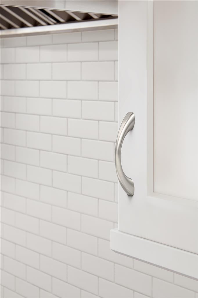 653 AMEROCK Vaile 3" Center to Center Handle Cabinet Pull - Satin Nickel BP37230G10 on White Cabinet