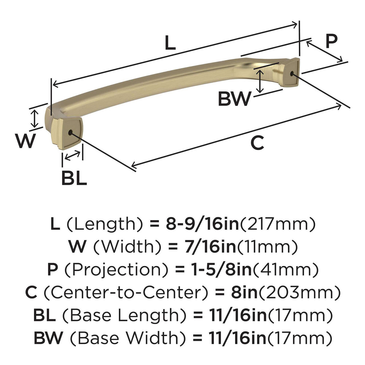 761-C AMEROCK Revitalize 8" Center to Center Handle Cabinet Pull - Golden Champagne BP55351BBZ Specs