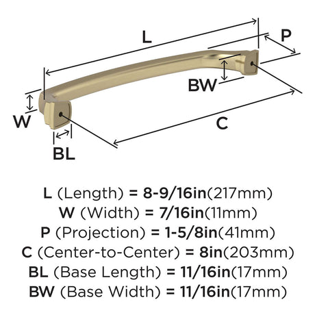 761-C AMEROCK Revitalize 8" Center to Center Handle Cabinet Pull - Golden Champagne BP55351BBZ Specs