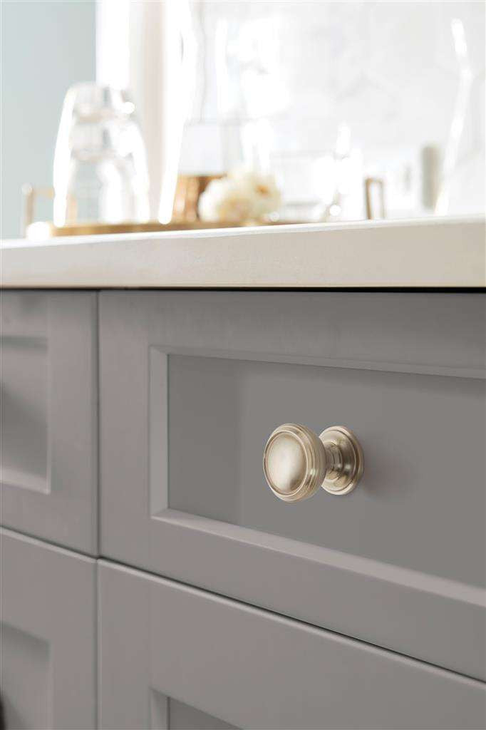 AMEROCK Revitalize 1-1/4" Diameter Cabinet Knob in Satin Nickel BP55342G10 on Gray