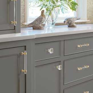 Amerock Glacio Golden Champagne Cabinet Hardware in Dark Gray Kitchen