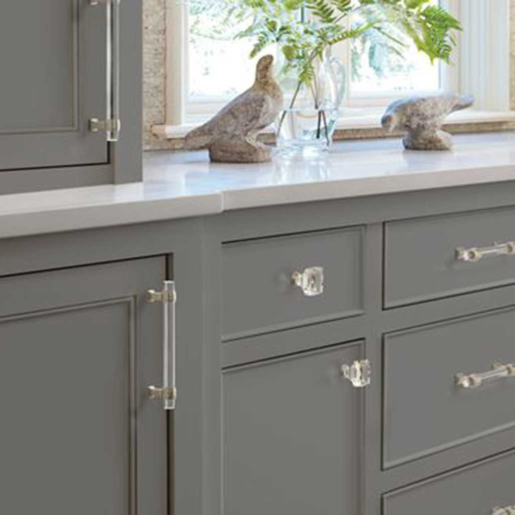 Amerock Glacio Satin Nickel Cabinet Hardware in Dark Kitchen