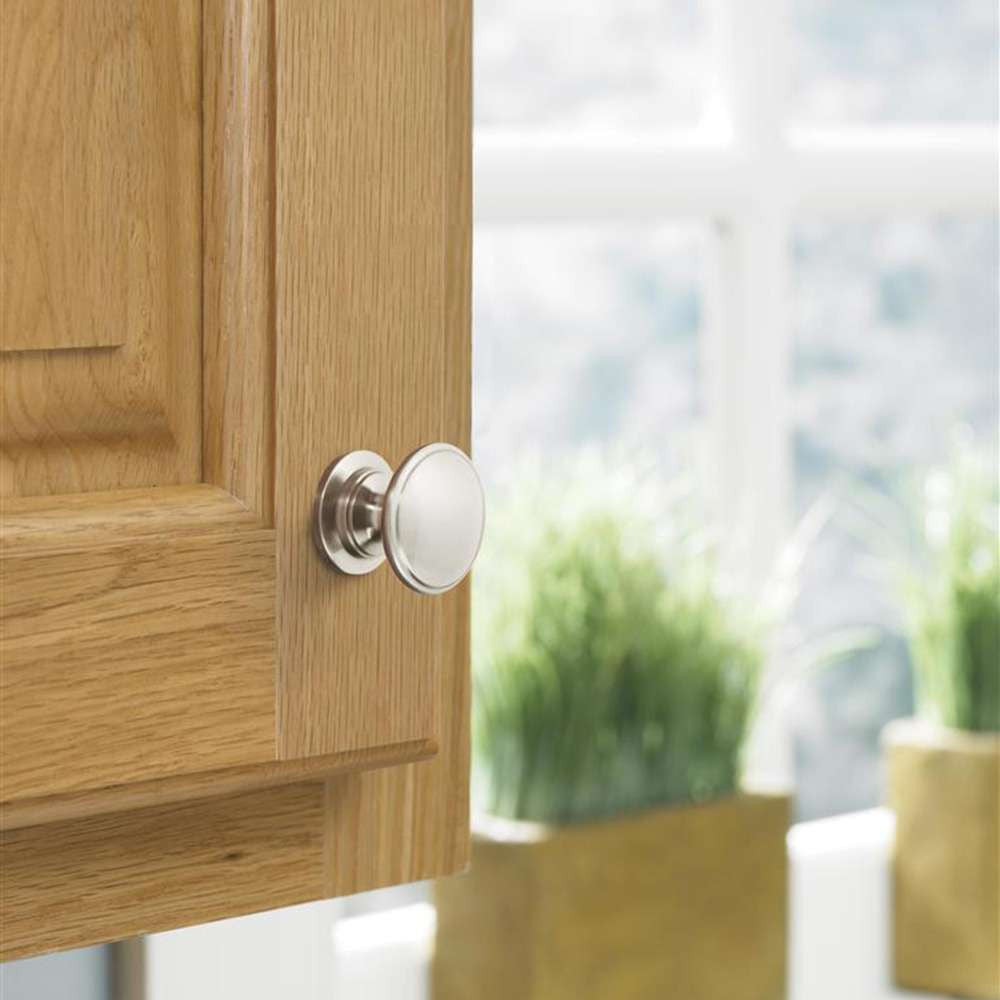 Amerock Ravino 1-1/4" Diameter Cabinet Knob in Satin Nickel BP53012G10 Mounted on Wood