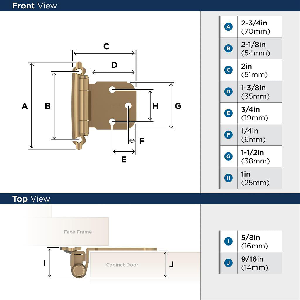 AMEROCK Extended Tab Self Closing Face Mount Variable Overlay Cabinet Hinge (pair) in Champagne Bronze BPR7629CZ Specs