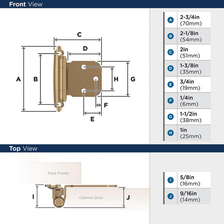 AMEROCK Extended Tab Self Closing Face Mount Variable Overlay Cabinet Hinge (pair) in Champagne Bronze BPR7629CZ Specs