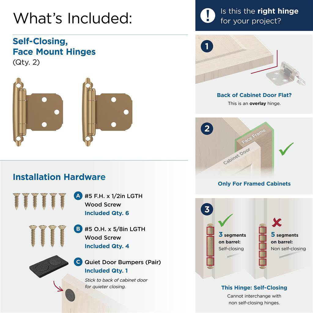 AMEROCK Extended Tab Self Closing Face Mount Variable Overlay Cabinet Hinge (pair) in Champagne Bronze BPR7629CZ What's Included