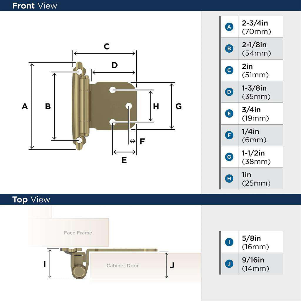 AMEROCK Extended Tab Self Closing Face Mount Variable Overlay Cabinet Hinge (pair) in Golden Champagne BPR7629BBZ Specs